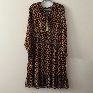 NWT Sam Edelman Black Yellow Floral Long Sleeve Ruffled Hem Maxi Dress sz 1XL